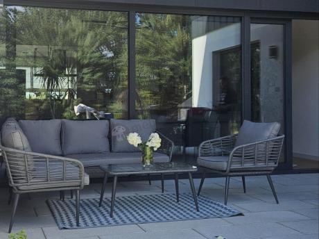 Szary narożnik tarasowy z fotelem i stolikiem kawowym - technorattan - Torgiano Corner - Grey