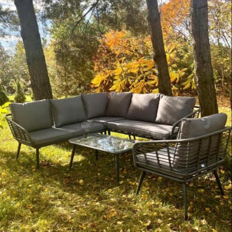 Szary narożnik tarasowy z fotelem i stolikiem kawowym - technorattan - Torgiano Corner - Grey