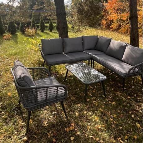 Szary narożnik tarasowy z fotelem i stolikiem kawowym - technorattan - Torgiano Corner - Grey