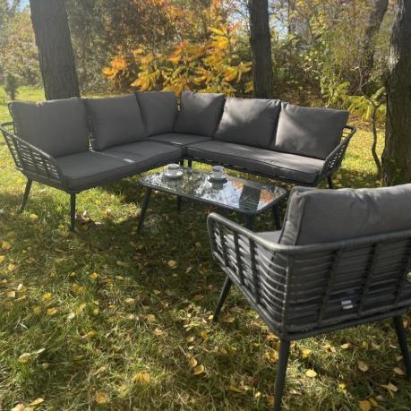 Szary narożnik tarasowy z fotelem i stolikiem kawowym - technorattan - Torgiano Corner - Grey