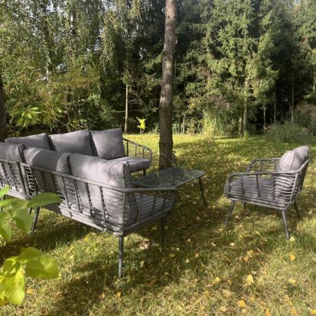 Szary narożnik tarasowy z fotelem i stolikiem kawowym - technorattan - Torgiano Corner - Grey