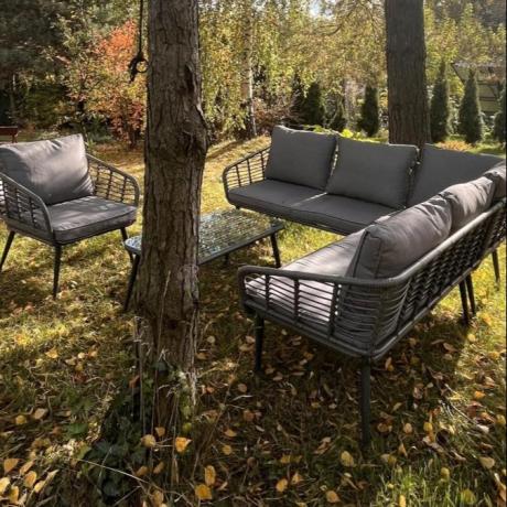 Szary narożnik tarasowy z fotelem i stolikiem kawowym - technorattan - Torgiano Corner - Grey