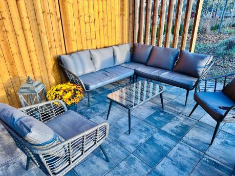 Szary narożnik tarasowy z fotelem i stolikiem kawowym - technorattan - Torgiano Corner - Grey