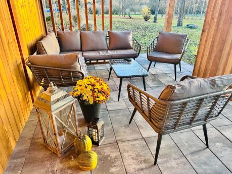 Szary narożnik tarasowy z fotelem i stolikiem kawowym - technorattan - Torgiano Corner - Grey