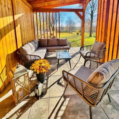 Szary narożnik tarasowy z fotelem i stolikiem kawowym - technorattan - Torgiano Corner - Grey