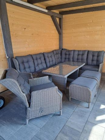 Szary narożnik tarasowy ze stołem 150cm, regulowanym fotelem i pufami - Laritto Corner