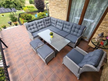 Szary narożnik tarasowy ze stołem 150cm, regulowanym fotelem i pufami - Laritto Corner