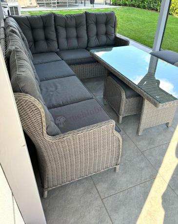 Szary narożnik tarasowy ze stołem 150cm, regulowanym fotelem i pufami - Laritto Corner