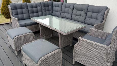 Szary narożnik tarasowy ze stołem 150cm, regulowanym fotelem i pufami - Laritto Corner