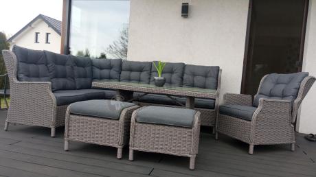 Szary narożnik tarasowy ze stołem 150cm, regulowanym fotelem i pufami - Laritto Corner
