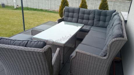 Szary narożnik tarasowy ze stołem 150cm, regulowanym fotelem i pufami - Laritto Corner