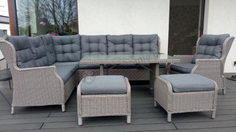 Szary narożnik tarasowy ze stołem 150cm, regulowanym fotelem i pufami - Laritto Corner