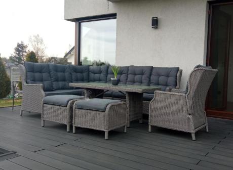 Szary narożnik tarasowy ze stołem 150cm, regulowanym fotelem i pufami - Laritto Corner