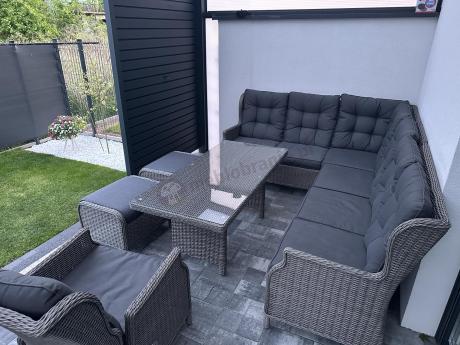 Szary narożnik tarasowy ze stołem 150cm, regulowanym fotelem i pufami - Laritto Corner