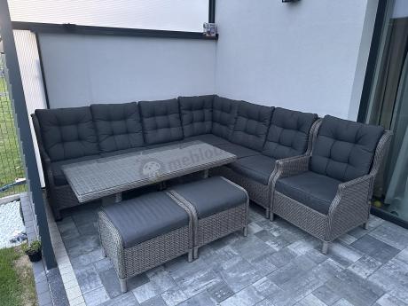 Szary narożnik tarasowy ze stołem 150cm, regulowanym fotelem i pufami - Laritto Corner