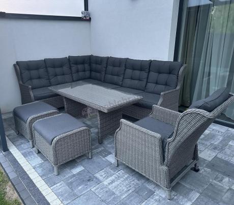 Szary narożnik tarasowy ze stołem 150cm, regulowanym fotelem i pufami - Laritto Corner