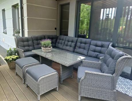Szary narożnik tarasowy ze stołem 150cm, regulowanym fotelem i pufami - Laritto Corner