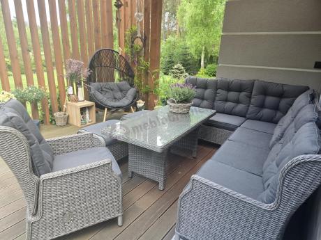 Szary narożnik tarasowy ze stołem 150cm, regulowanym fotelem i pufami - Laritto Corner