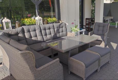 Szary narożnik tarasowy ze stołem 150cm, regulowanym fotelem i pufami - Laritto Corner