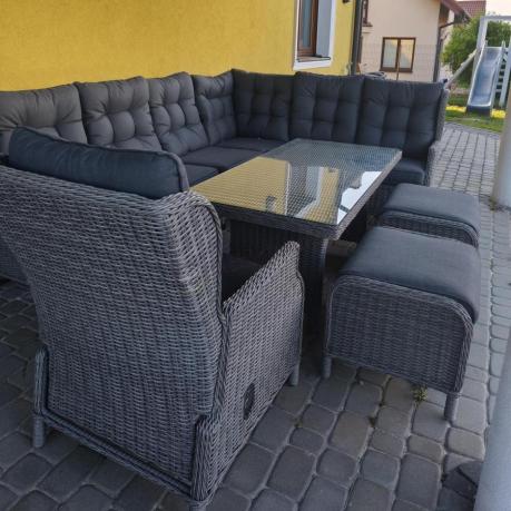 Szary narożnik tarasowy ze stołem 150cm, regulowanym fotelem i pufami - Laritto Corner