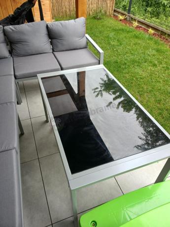 Szary narożnik tarasowy ze stolikiem 120cm i pufami - Sodor Corner XL - Silver