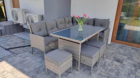 Szary narożnik technorattan 190x140cm ze stołem obiadowym i pufami Torino Corner Grey