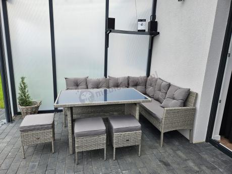 Szary narożnik technorattan 190x140cm ze stołem obiadowym i pufami Torino Corner Grey