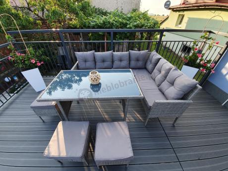 Szary narożnik technorattan 190x140cm ze stołem obiadowym i pufami Torino Corner Grey