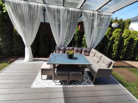 Szary narożnik technorattan 190x140cm ze stołem obiadowym i pufami Torino Corner Grey