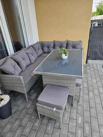 Szary narożnik technorattan 190x140cm ze stołem obiadowym i pufami Torino Corner Grey