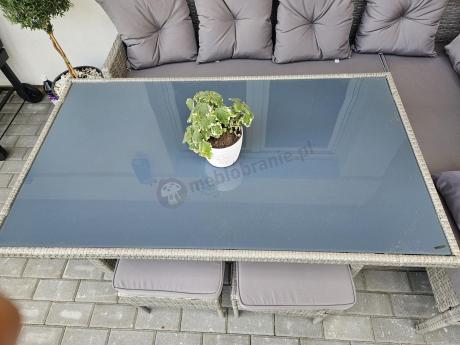 Szary narożnik technorattan 190x140cm ze stołem obiadowym i pufami Torino Corner Grey
