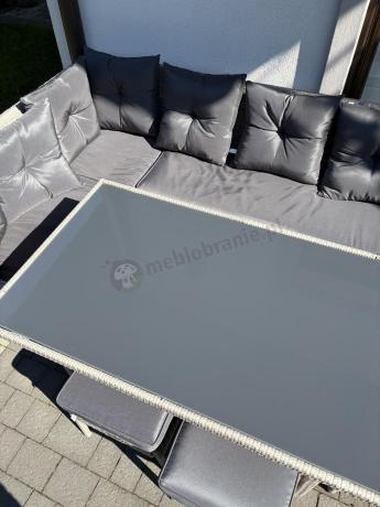 Szary narożnik z technorattanu 190x140cm ze stołem obiadowym i pufami Torino Corner Grey