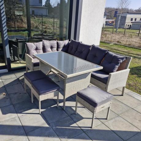 Szary narożnik z technorattanu 190x140cm ze stołem obiadowym i pufami Torino Corner Grey