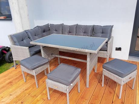 Szary narożnik z technorattanu 190x140cm ze stołem obiadowym i pufami Torino Corner Grey