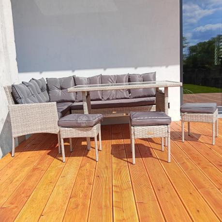 Szary narożnik z technorattanu 190x140cm ze stołem obiadowym i pufami Torino Corner Grey