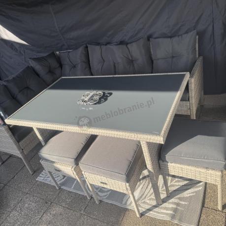 Szary narożnik z technorattanu 190x140cm ze stołem obiadowym i pufami Torino Corner Grey