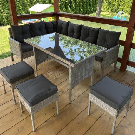 Szary narożnik z technorattanu 190x140cm ze stołem obiadowym i pufami Torino Corner Grey