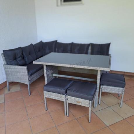 Szary narożnik z technorattanu 190x140cm ze stołem obiadowym i pufami Torino Corner Grey