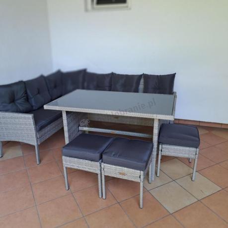 Szary narożnik z technorattanu 190x140cm ze stołem obiadowym i pufami Torino Corner Grey