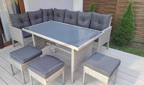 Szary narożnik z technorattanu 190x140cm ze stołem obiadowym i pufami Torino Corner Grey