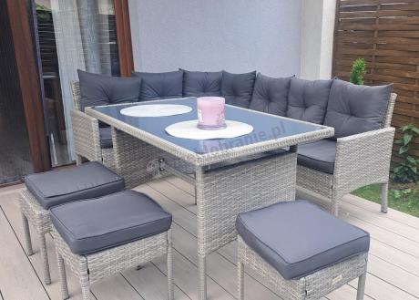 Szary narożnik z technorattanu 190x140cm ze stołem obiadowym i pufami Torino Corner Grey