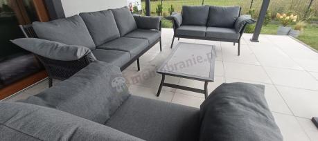 Szary nowoczesny zestaw mebli ogrodowych z dwoma sofami i fotelem Sofi - rope style