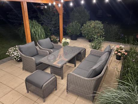 Szary zestaw mebli ogrodowych - sofa, fotele, pufy i wysoki stół - Novici Dining