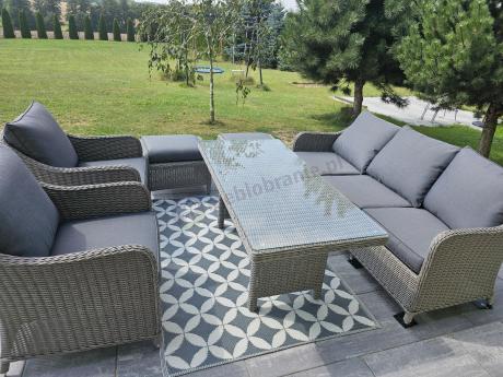 Szary zestaw mebli ogrodowych - sofa, fotele, pufy i wysoki stół - Novici Dining