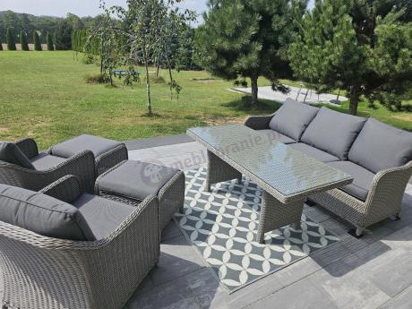 Szary zestaw mebli ogrodowych - sofa, fotele, pufy i wysoki stół - Novici Dining
