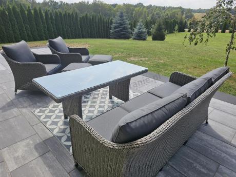 Szary zestaw mebli ogrodowych - sofa, fotele, pufy i wysoki stół - Novici Dining