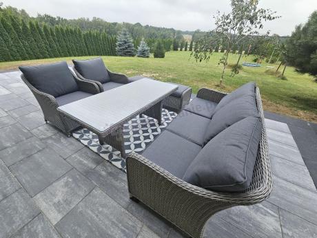 Szary zestaw mebli ogrodowych - sofa, fotele, pufy i wysoki stół - Novici Dining