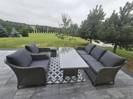 Szary zestaw mebli ogrodowych - sofa, fotele, pufy i wysoki stół - Novici Dining