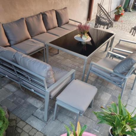 Szary zestaw mebli tarasowych z narożnikiem, stołem obiadowym 2 fotelami i 2 pufami - Sodor Corner XXL - Silver