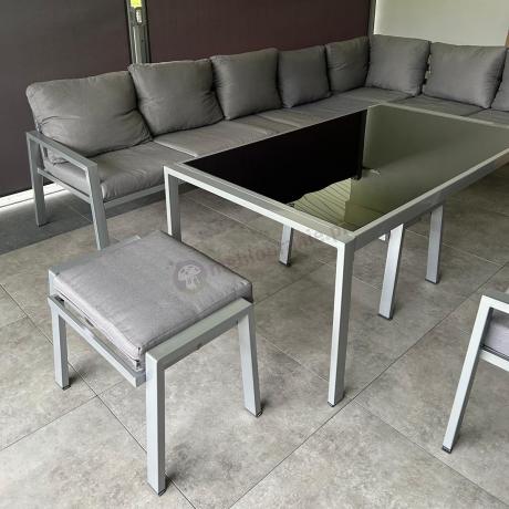 Szary zestaw mebli tarasowych z narożnikiem, stołem obiadowym 2 fotelami i 2 pufami - Sodor Corner XXL - Silver